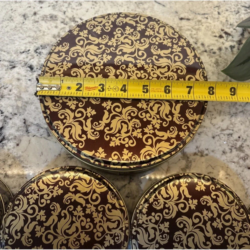 5 Vintage Round Gold Brown Metal Trinket Box Gift Tin Storage Leaf Pattern
